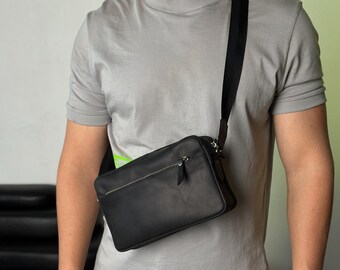 Mens Crazy Horse Sling Bag-Handmade Chest Crossbody for Him,Genuine Leather Travel Handbag