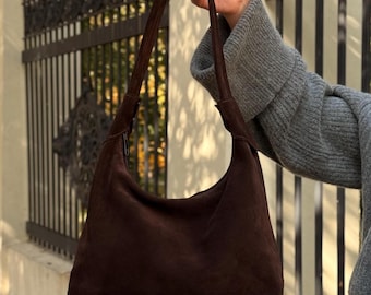Brown Suede Hobo Bag-Slouchy Vintage Shoulder Purse for Women,Handmade Suede Handbag
