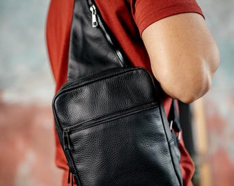 Mens Leather Sling Bag-Handmade Chest Crossbody for Him,Genuine Leather Travel Shoulder Bag