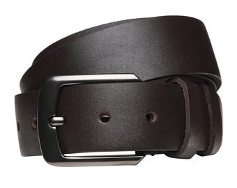 May include: A dark brown leather belt with a silver-colored buckle. The belt is made of a smooth, solid leather and has a rectangular buckle with a single prong. The belt is rolled up, showing the front and back.