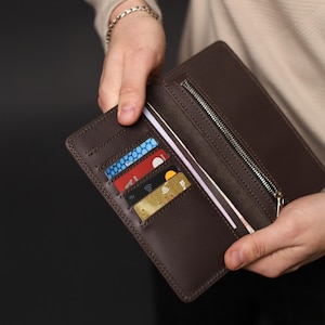 Monedero pequeño de cuero - Cartera larga para mujer y hombre, Cartera de cuero personalizada - Marrón, Monedero de cuero negro, Cartera de cuero auténtico personalizada