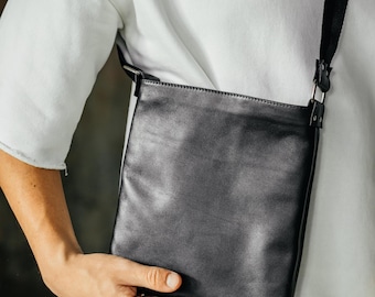 Mens Leather Crossbody Bag-Handmade Minimalist Messenger,Genuine Black Leather Shoulder Handbag