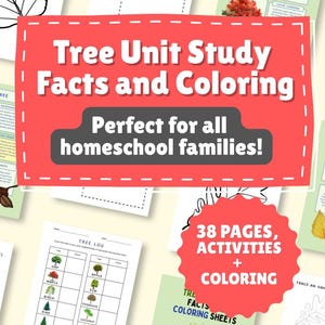 Puede incluir: Imprimible educativo con datos sobre árboles y páginas para colorear. La pancarta roja dice "Tree Unit Study Facts and Coloring" y "Perfect for all homeschool families!". Incluye 38 páginas de actividades y hojas para colorear.
