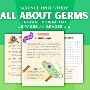 Könnte beinhalten: Lehrreiches Printable über Keime mit dem Titel "All About Germs" in weißer Schrift auf grünem Hintergrund. Enthält Seiten mit Informationen über Protozoen, Bakterien und Viren sowie ein Suchrätsel.