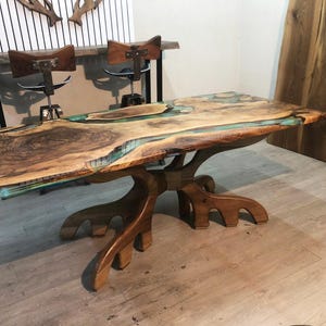 Epoxy River Dining Table: 71&#39;&#39; Walnut Wood Table, Green Sea Resin