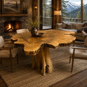 May include: A large dining table featuring a natural live-edge wood slab top supported by a thick, textured tree stump base. The table is surrounded by four armchairs with light-colored upholstered seats and wooden frames on a woven rug.