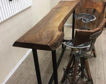 Live Edge Walnut Bar Table, Industrial Pub Height Console