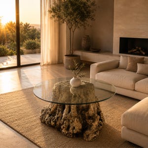 Handcrafted Olive Wood Root Coffee Table with Round Glass Top