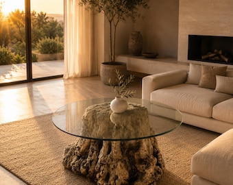 Handcrafted Olive Wood Root Coffee Table with Round Glass Top