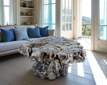 Live Edge Olive Wood Coffee Table, Burl Root Base, Handmade Rustic Furniture