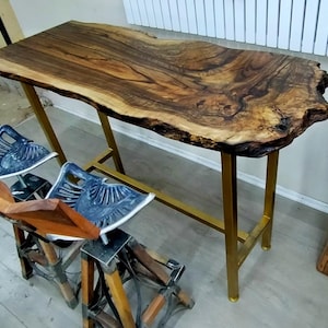 Live Edge Walnut Wood Bar Table, Solid Wood Slab, Rustic Industrial High Table with Metal Legs, Handmade Natural Furniture