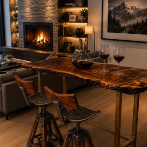 Peut inclure: Une table de bar en bois à bord brut avec une finition sombre et des pieds en métal doré, accompagnée de deux tabourets de bar pivotants dotés d'assises et de dossiers en bois avec des cadres en métal. Une carafe et deux verres de vin rouge.