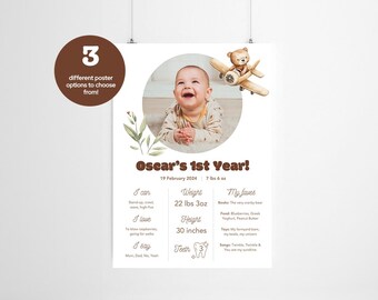 Personalised First Year Milestone Poster | First Year Template | Editable First Birthday Sign | Instant Download | Cute bear Birthday Poster