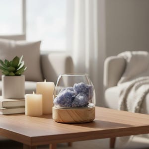 May include: A clear glass bowl with a tapered opening sits atop a circular light-coloured wooden base. Inside the glass bowl are several rough, jagged, light purple amethyst-like stones. The object is positioned on a flat wooden surface.