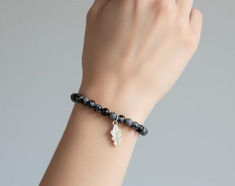 Snowflake Obsidian & Oak Leaf Charm Bracelet For Strength - 925 Sterling Silver