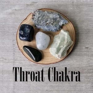 Op de afbeelding: Een verzameling van vijf kristallen op een houten basis, met het label "Keelchakra". De kristallen zijn blauw, wit, zwart, groen en grijs.