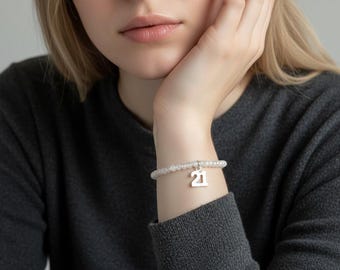 21st Birthday Rainbow Moonstone Crystal Beaded Charm Bracelet - 925 Sterling Silver