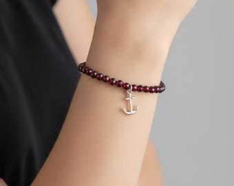 Garnet Crystal Bracelet & Anchor Charm - You've Got This - 925 Sterling Silver