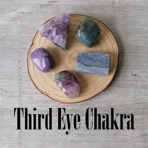 May include: A collection of five crystals on a wooden base, labelled "Third Eye Chakra". The crystals are amethyst, labradorite, sodalite, amethyst, and fluorite.