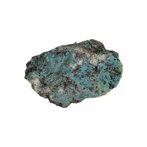 May include: A roughly shaped stone with a mix of colours. The stone features patches of turquoise, black, and grey, creating a textured appearance. The overall look suggests a natural mineral specimen.