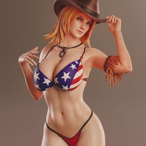 May include: A figure wearing a brown cowboy hat, a bikini top with a red and white striped pattern and blue stars, and a red bikini bottom. The figure is also wearing a necklace and a fringed arm band.