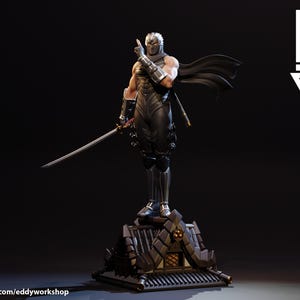 Könnte beinhalten: Eine schwarze und silberne Actionfigur eines Ninjas, der auf einem Dachsockel steht. Der Ninja hält ein Schwert und trägt einen schwarzen Umhang.