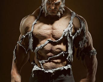 May include: A detailed sculpture of a muscular figure with white hair and a stern expression. The figure is wearing torn clothing and has metal claws extending from his hands. The overall theme is a superhero or comic book character.