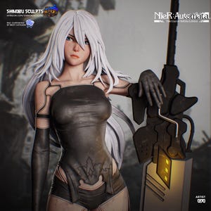 May include: A detailed figure of a character from NieR:Automata, with long white hair and a dark outfit. The figure is holding a large, stylized weapon. The image includes text that reads "NieR:Automata" and "SHINOBU SCULPTS".