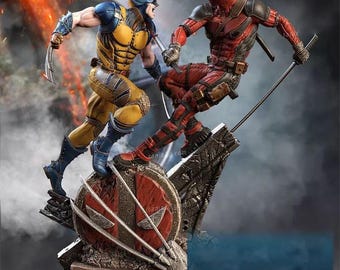 Figura de estatua GK impresa en 3D y pintada a escala de Deadpool vs. Wolverine.