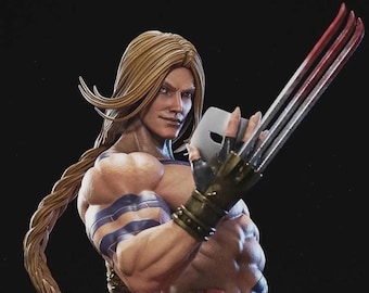 May include: A detailed figurine of a muscular character with long blonde hair in a braid. The character holds a mask and metal claws with red tips. The figure has blue and purple markings on the arms and chest, and wears a dark glove.