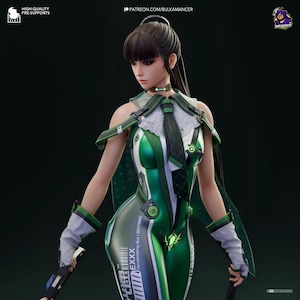 May include: A detailed figure of a woman in a futuristic green and white outfit with a black tie and gloves. The figure is holding two weapons. The text "Devastating like Lightning" is visible on the figure's leg. The figure has long black hair.