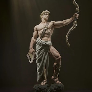 May include: A sculpted figure of a man holding a bow and arrow in one hand and a lyre in the other. The figure is wearing a white toga and sandals. The figure is standing on a rocky base.