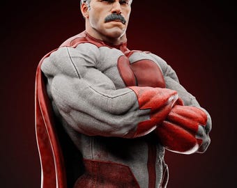 May include: A superhero figure with a gray and red costume, a red cape, and a mustache. The figure has its arms crossed and is looking directly at the viewer. The figure is standing against a red background. The text "ZZZ" is visible on the bottom of the image.