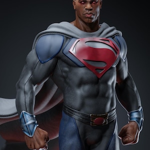 May include: A black superhero with red eyes wearing a grey and blue suit with a red Superman logo on the chest. The suit has a black belt with a red emblem and blue and silver wrist cuffs.