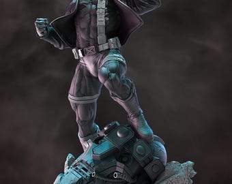 May include: A detailed statue of Cyclops from X-Men, in a dynamic pose. The figure is predominantly black and gray, with a leather jacket and visor. The statue is mounted on a detailed base with the X-Men logo. The Wicked logo is visible.