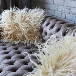 Wool Throw Pillow,  Furry cushion with long pile for Sofa or Bed, Cream Textured Pillow, Scandinavian Boho Home Decor – 1.8 × 1.25 ft