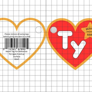 May include: Two heart-shaped tags. The left tag is white with a barcode, the text 'Please remove all swing tags before giving this item to a child', and 'Retain Tag For Reference'. The right tag is red with the white 'ty' logo and a yellow star.