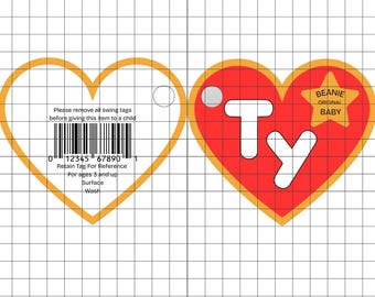 Op de afbeelding: Twee hartvormige labels. Het linker label is wit met een streepjescode, de tekst 'Please remove all swing tags before giving this item to a child' en 'Retain Tag For Reference'. Het rechter label is rood met het witte 'ty'-logo en een gele ster.