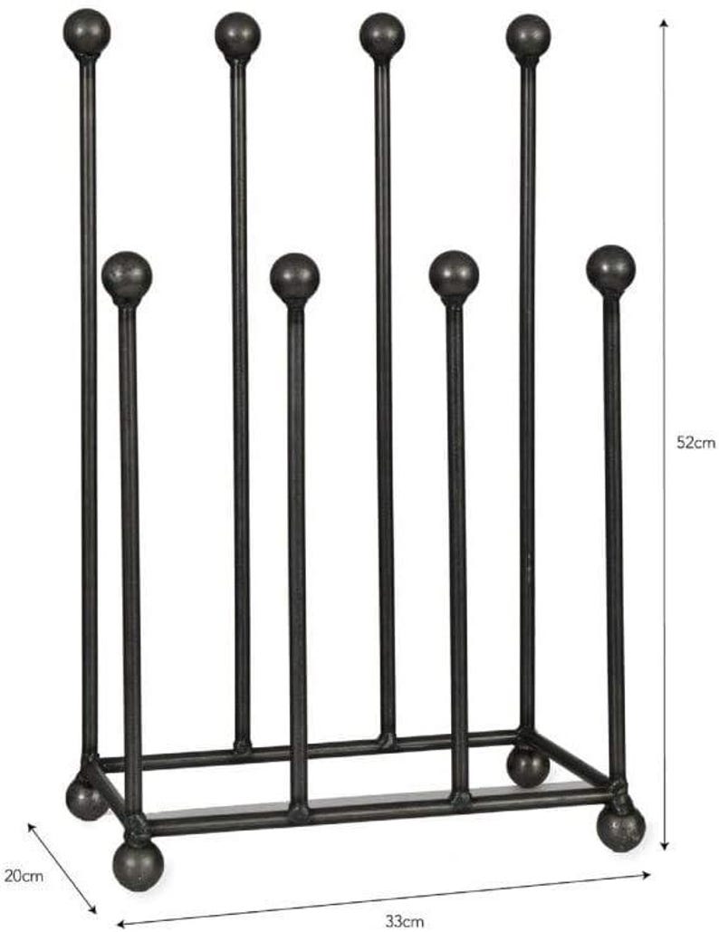 May include: A black metal boot rack, 20cm wide, 33cm long, and 52cm tall. The rack has a rectangular base with rounded feet and vertical rods topped with spherical finials. The design is simple and functional for organizing footwear.