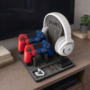 Personalized PS5 & Xbox Controller Stand with Headset Holder Wooden Gaming Controller Organizer Gamer Desk Accessories Gift for Him