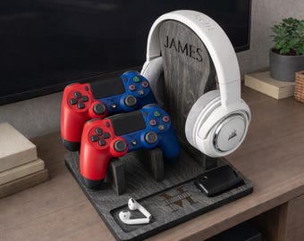 Personalized PS5 & Xbox Controller Stand with Headset Holder Wooden Gaming Controller Organizer Gamer Desk Accessories Gift for Him