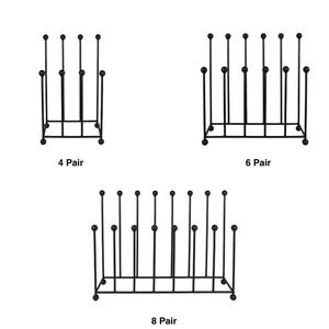 May include: Black metal boot racks in three sizes: 4-pair, 6-pair, and 8-pair. Each rack features a rectangular base with vertical rods topped with small spheres. The text "4 Pair", "6 Pair", and "8 Pair" is below each rack.