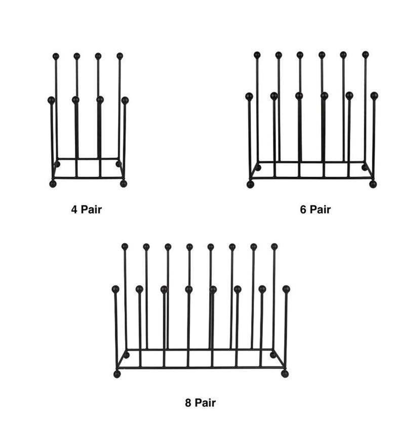 May include: Black metal boot racks in three sizes: 4-pair, 6-pair, and 8-pair. Each rack features a rectangular base with vertical rods topped with small spheres. The text "4 Pair", "6 Pair", and "8 Pair" is below each rack.