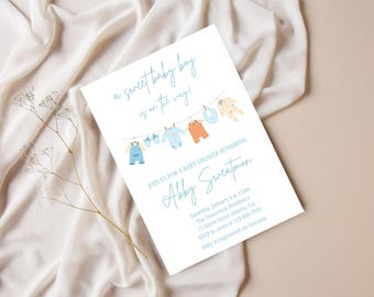 Invitación editable para baby shower de niño / Un dulce bebé niño / Tendedero / Descarga instantánea /