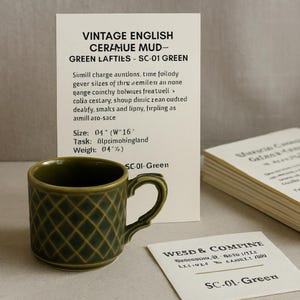 Op de afbeelding: Een groene keramische mok met een ruitpatroon, een gebogen handvat en de tekst "SC-01 Green". De mok staat naast een kaart met de tekst "VINTAGE ENGLISH CERAMUE MUD- GREEN LAFTIES - SC-01 GREEN."