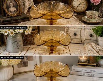 GLB-02--Vintage Amber Glass Covered Dish Floral Etched Pressed Glass Candy Bowl Mid Century Home Decor