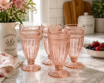 VFG-10--| Blush Pink Pressed Glass Parfait Glasses | Retro Dessert Glasses | Vintage Barware Gift