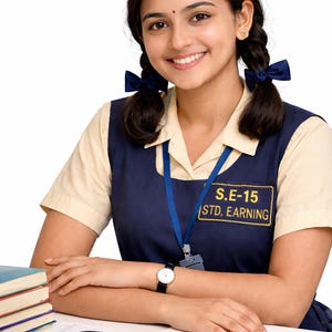 May include: A person in a school uniform with pigtails and blue bows smiles at the camera. The navy blue uniform has a patch reading "S.E-15 STD. EARNING". A watch, glasses, books, and stationery are on the desk.