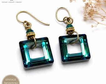 SE-28--Vintage Swarovski Blue-Green Crystal Open Square Dangle Earrings