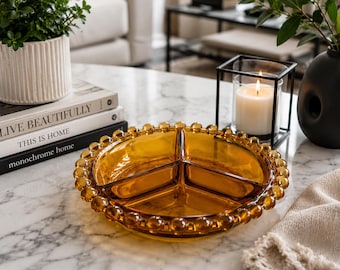 CD-15--Vintage Bohemian Amber Glass Divided Relish Bowl | Czech 3-Section Candy & Nut Serving Dish | Mid-Century Beaded Rim Glass
